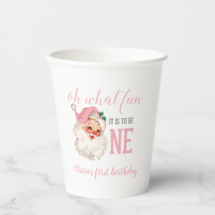 Christmas Pink Santa First Birthday Paper Cups