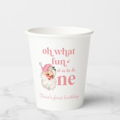 Christmas Pink Santa First Birthday Paper Cups