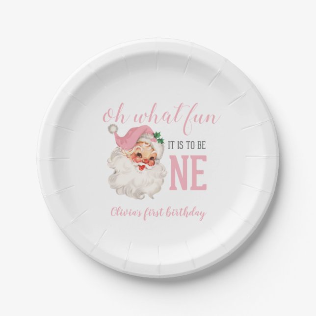 Christmas Pink Santa First Birthday Paper Plates (Front)
