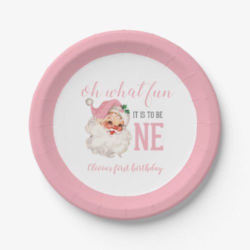 Christmas Pink Santa First Birthday Paper Plates