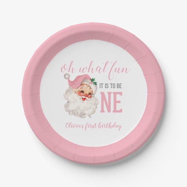 Christmas Pink Santa First Birthday Paper Plates (Front)