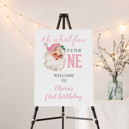 Christmas Pink Santa First Birthday Welcome Foam Board