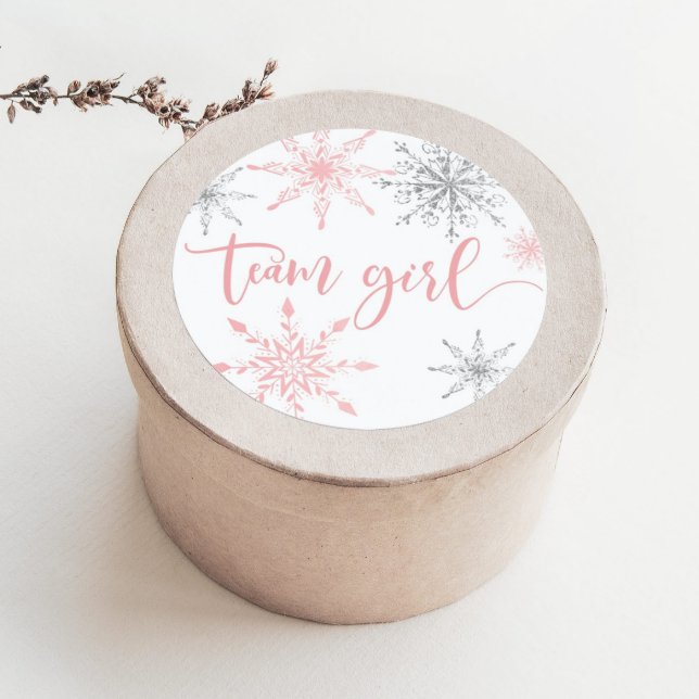 Christmas pink silver snowflakes team girl  classic round sticker (Creator Uploaded)