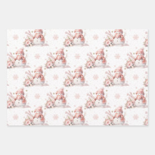 Christmas Pink Snow Girl Poinsettia Wrapping Paper Sheets