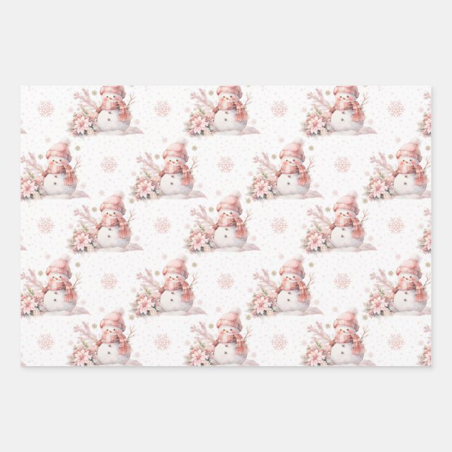Christmas Pink Snow Girl Poinsettia  Wrapping Paper Sheets (Front)