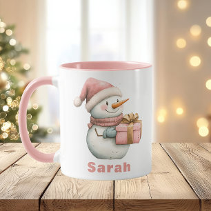 Christmas Pink Snowman Gift Custom Name Mug