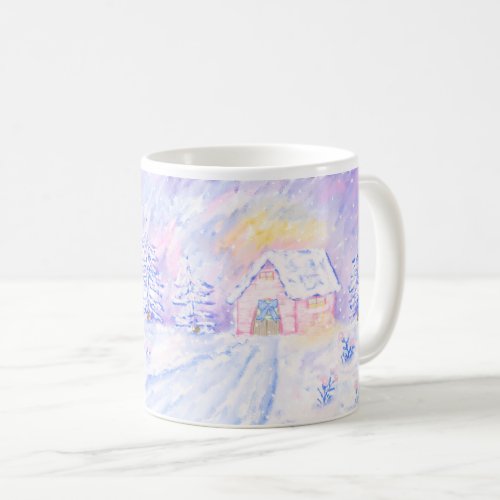 Christmas Pink Snowy Cabin Scene Illustration Mug