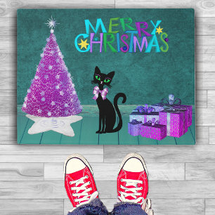 Christmas Pink Tree Black Cat Wrapped Gifts Teal Doormat