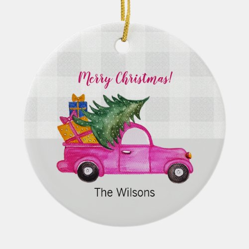 Christmas Pink Truck With Tree And Wishes Ceramic Ornament