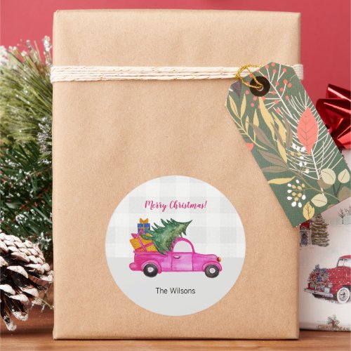 Christmas Pink Truck With Tree And Wishes Classic Round Sticker