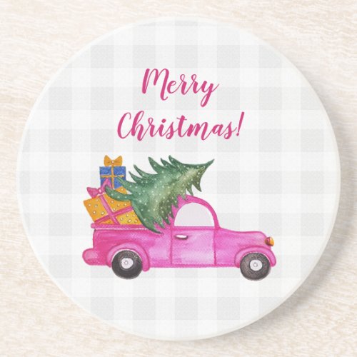 Christmas Pink Truck With Tree And Wishes Coaster