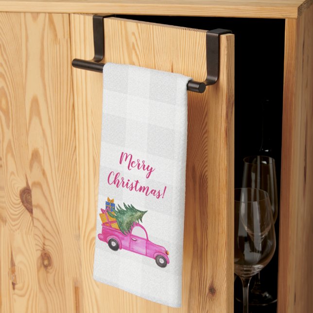 Christmas Pink Truck With Tree And Wishes Kitchen Towel (Thirds Fold)