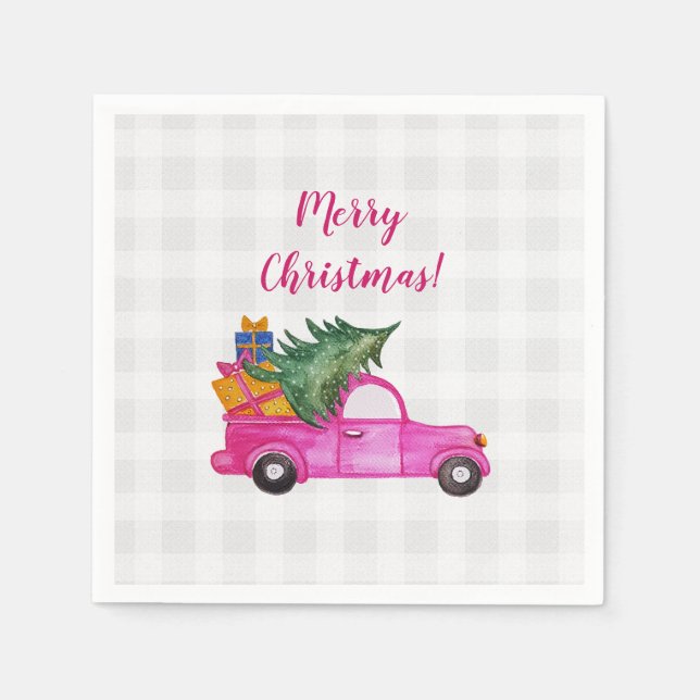 Christmas Pink Truck With Tree And Wishes Napkins (Front)