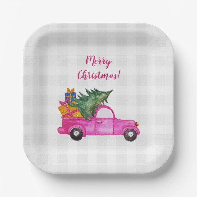 Christmas Pink Truck With Tree And Wishes Paper Plates (Front)