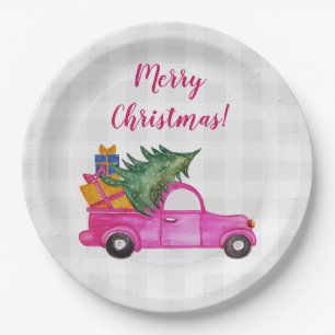 Christmas Pink Truck With Tree And Wishes Paper Plates