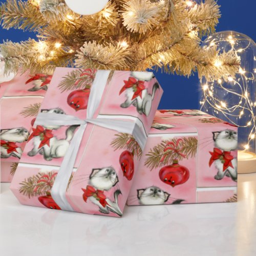 Christmas Pink Vintage Retro Kitten Kitty Gift  Wrapping Paper