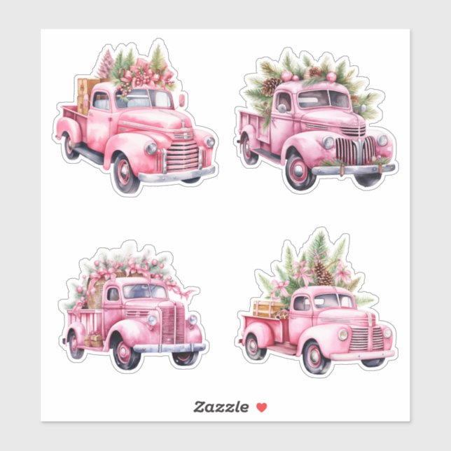 Christmas Pink Vintage Trucks Sticker (Sheet)