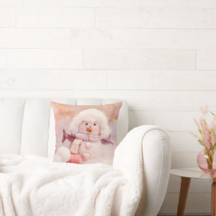 Christmas Pink & White Fluffy Snowman Throw Pillow