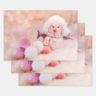 Christmas Pink & White Fluffy Snowman Wrapping Paper Sheets