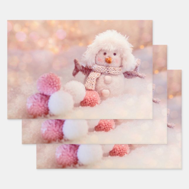 Christmas Pink & White Fluffy Snowman Wrapping Paper Sheets (Set)