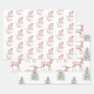 Christmas Pink White Snowman Deer Green Trees Wrapping Paper Sheets