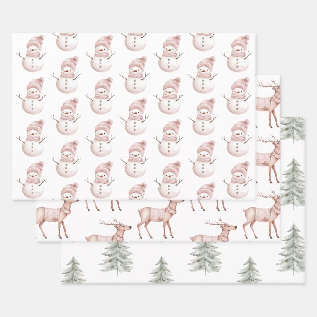 Christmas Pink White Snowman Deer Green Trees Wrapping Paper Sheets (Set)