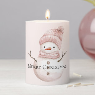 Christmas Pink White Snowman Pillar Candle