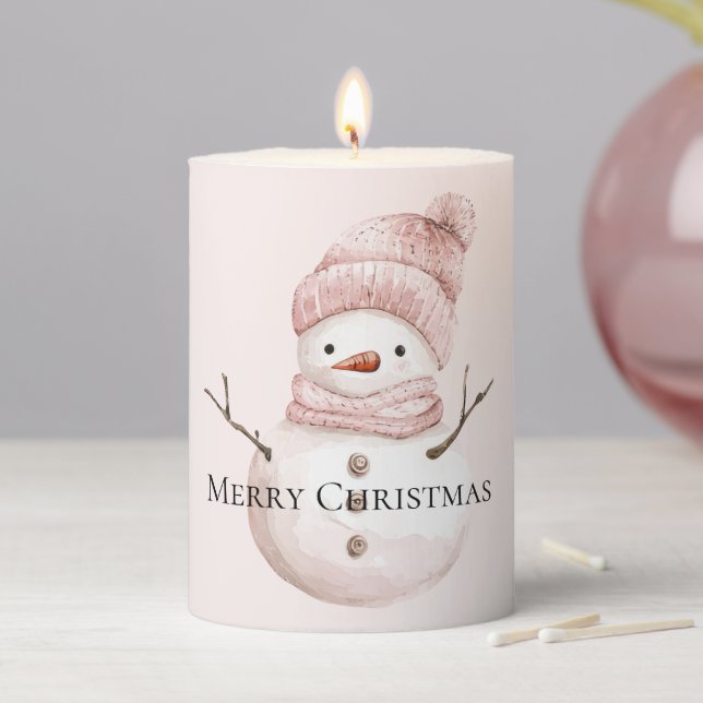 Christmas Pink White Snowman Pillar Candle (In Situ)