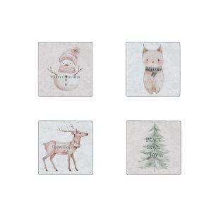 Christmas Pink White Snowman Stone Magnet