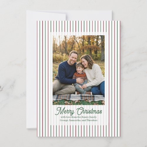 Christmas Pinstripe with Green Text Family Photo Holiday Card