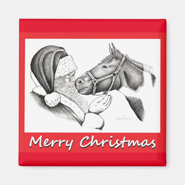 Christmas Pinto Paint Horse and Santa Magnet (Front)