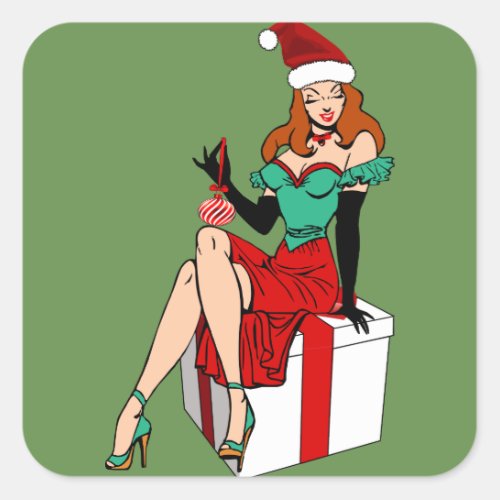 Christmas Pinup Girl Cartoon Art Square Sticker