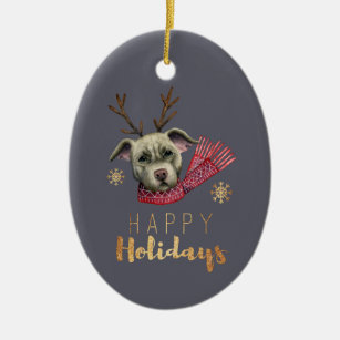 Christmas Pit Bull Dog with Antlers Ceramic Ornament
