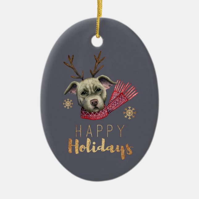 Christmas Pit Bull Dog with Antlers Ceramic Ornament (Front)