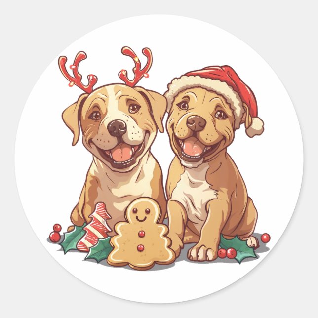 Christmas Pit Bull Dogs Classic Round Sticker (Front)