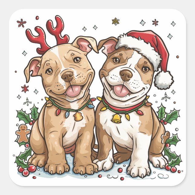 Christmas Pit Bull Dogs Square Sticker (Front)