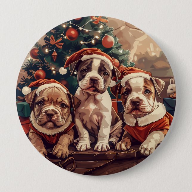 Christmas Pit Bull Puppy Dogs Button (Front)
