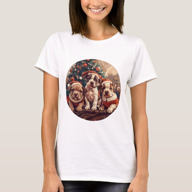Christmas Pit Bull Puppy Dogs T-Shirt (Front)