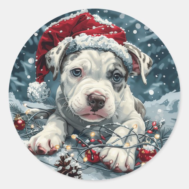 Christmas Pit Bull Santa Puppy Classic Round Sticker (Front)