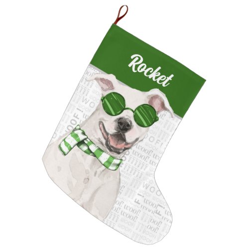 Christmas Pit Bull with Dogs Name Green Large Christmas Stocking
