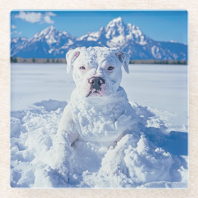Christmas Pitbull Dog Snowman Glass Coaster (Front)