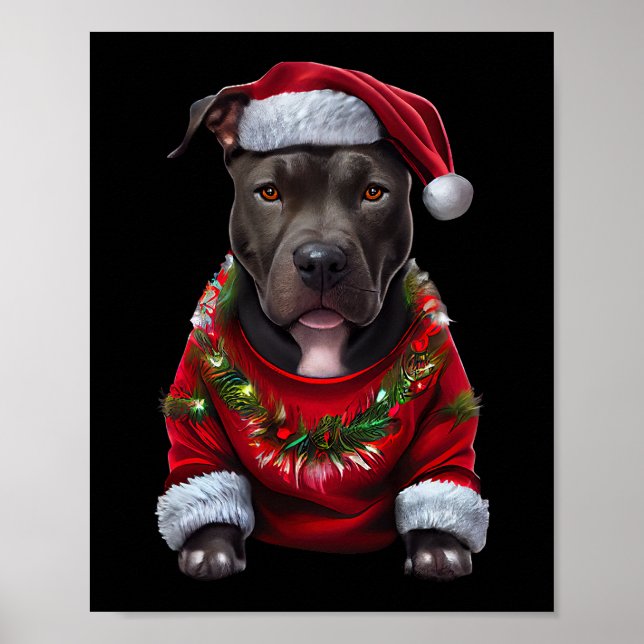 Christmas Pitbull Dog Wearing Xmas Santas Hat & Sw Poster (Front)