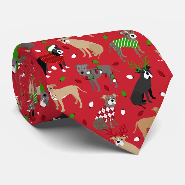 Christmas Pitbull Dogs Neck Tie (Rolled)