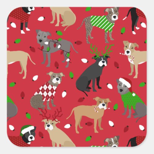 Christmas Pitbull Dogs Square Sticker