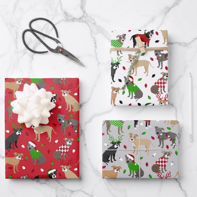 Christmas Pitbull Dogs Wrapping Paper Sheets (Front)