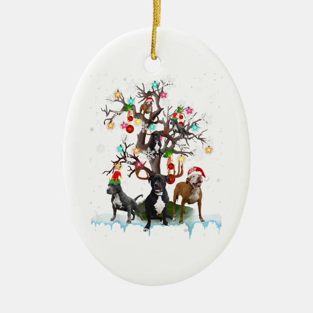 Christmas Pitbull On Tree Santa Pitbull Dog Lover Ceramic Ornament (Front)