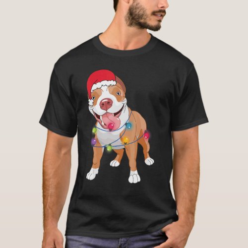 Christmas Pitbull Santa Hat Lights Xmas T_Shirt