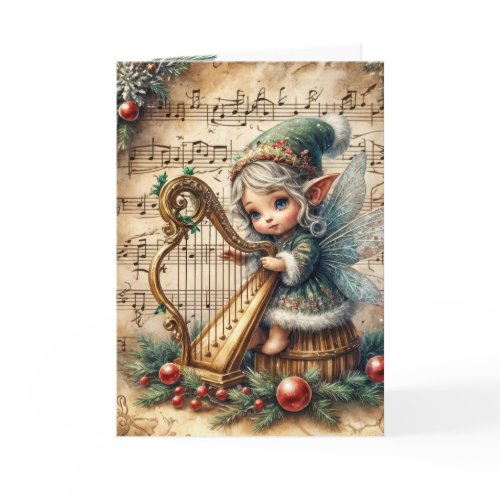 Christmas Pixie Fairy Playing a Harp Card