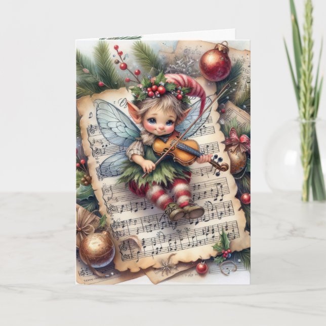 Christmas Pixie Fairy Playing a Violin Card (Front)