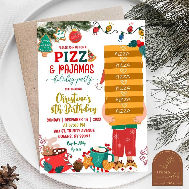 Christmas Pizza and Pajamas Holiday Birthday Invitation (Creator Uploaded)
